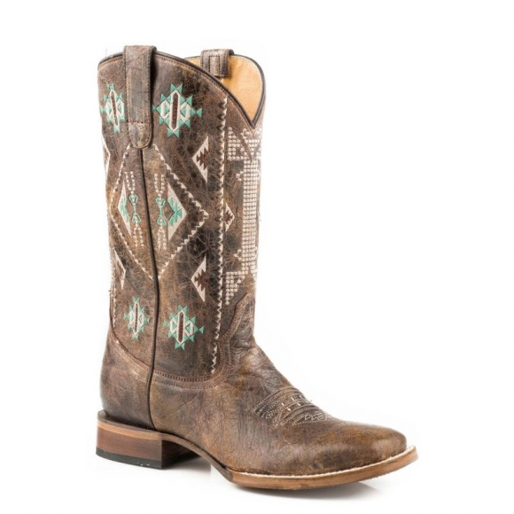 ROPER | WOMEN'S LEATHER COWBOY BOOT WAXY BROWN WITH EMBROIDERED AZTEC DESIGN-BROWN