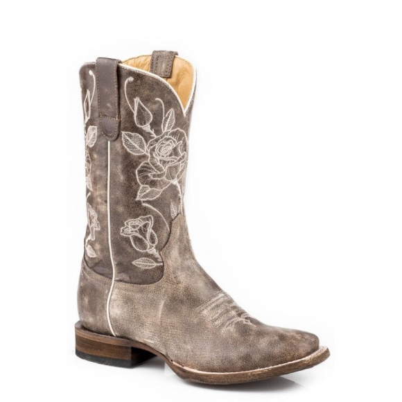 ROPER | WOMEN'S VINTAGE BROWN LEATHER VAMP SHAFT BOOT WITH FLOWER EMBROIDERY DESIGN-BROWN