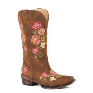 ROPER | WOMEN'S FASHION COWBOY BOOT VINTAGE COGNAC FAUX LEATHER WITH ALL OVER FLORAL EMBROIDERY-TAN