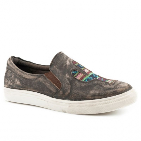 ROPER | WOMEN'S ATHLETIC SLIP ON RUB OFF BROWN LEATHER AND APPLIQUE CACTUS ON VAMP-BROWN