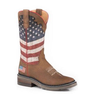 ROPER | WOMEN'S OILED BROWN LEATHER VAMP CROWN BOOT WITH PRINTED FLAG DESIGN-BROWN