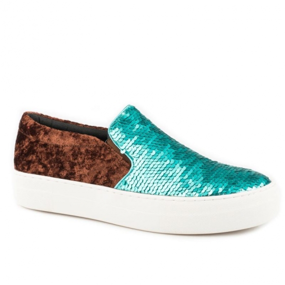 ROPER | WOMEN'S ATHLETIC SNEAKER SLIP ON TURQUOISE AND SILVER SEQUINS ON VAMP WITH BROWN VELVET HEEL-BLUE