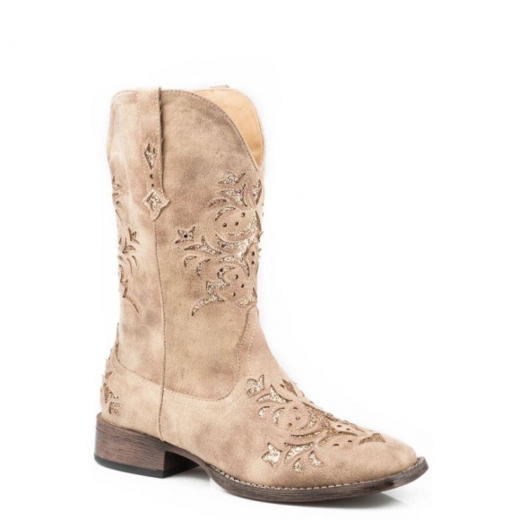 ROPER | WOMEN'S COWBOY BOOT VINTAGE BEIGE FAUX LEATHER WITH METALLIC GOLD UNDERLAY-TAN