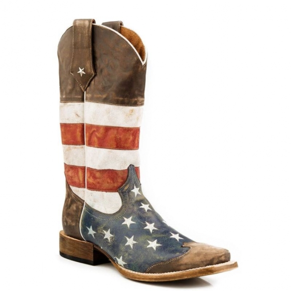 ROPER | MEN'S LEATHER COWBOY BOOT AMERICAN FLAG DISTRESSED BROWN WITH RED WHITE AND BLUE SQUARE-BROWN