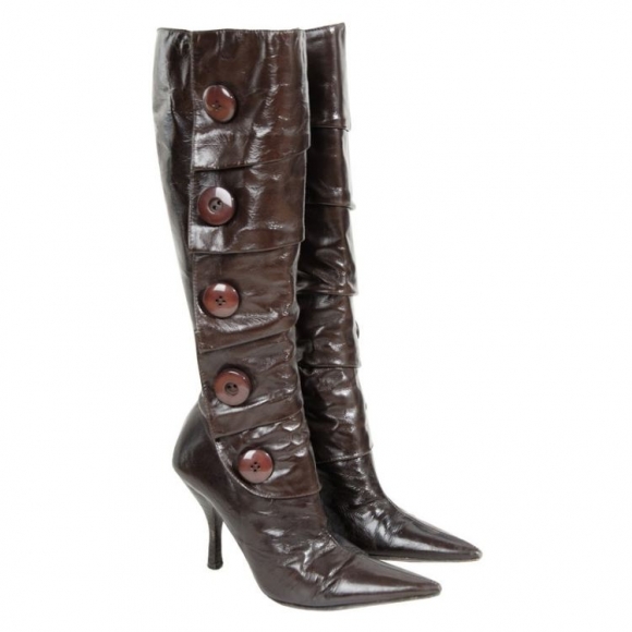 Women's Vintage Shiny Brown Leather Pointy Toe Folded High Heel Boots | Canada