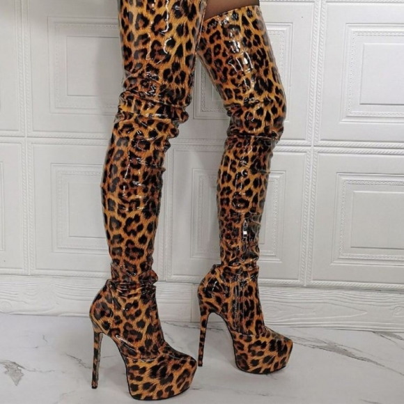 Women's Leopard Print Nightclub Thigh High Stage Boots | Canada