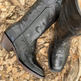 Men's French Hand Tooled Black Boots Black Print Lizard | Canada