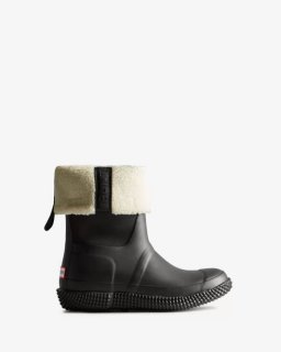 Hunter | Women's Insulated Roll Top Webbing Vegan Shearling Boots-Black/White Willow | Canada Outlet