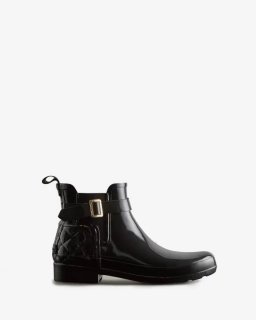 Hunter | Women's Refined Slim Fit Quilted Gloss Chelsea Boots-Black | Canada Outlet