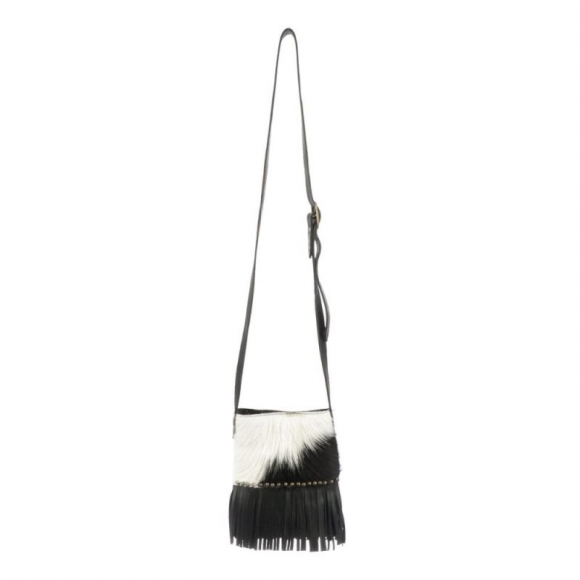 Lucchese Women's Mini Cowprint Fringe Bag - Black/White | Canada Outlet