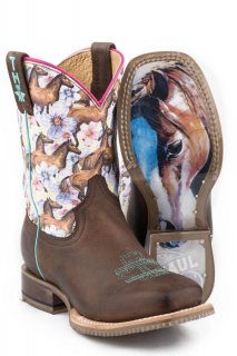 TIN HAUL | LITTLE GIRLS CHESTNUT AND DAISY WITH MY BEST FRIEND SOLE LEATHER BURNISHED DARK BROWN VAMP WITH HORSES AND FLOWERS PRINTED UPPER-BROWN | CANADA OUTLET