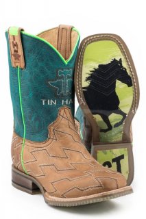 TIN HAUL | LITTLE BOYS HORSE POWER WITH BORN TO BE FAST SOLE OILY LEATHER TAN STITCHED VAMP WITH CRACKLE GREEN UPPER-TAN | CANADA OUTLET